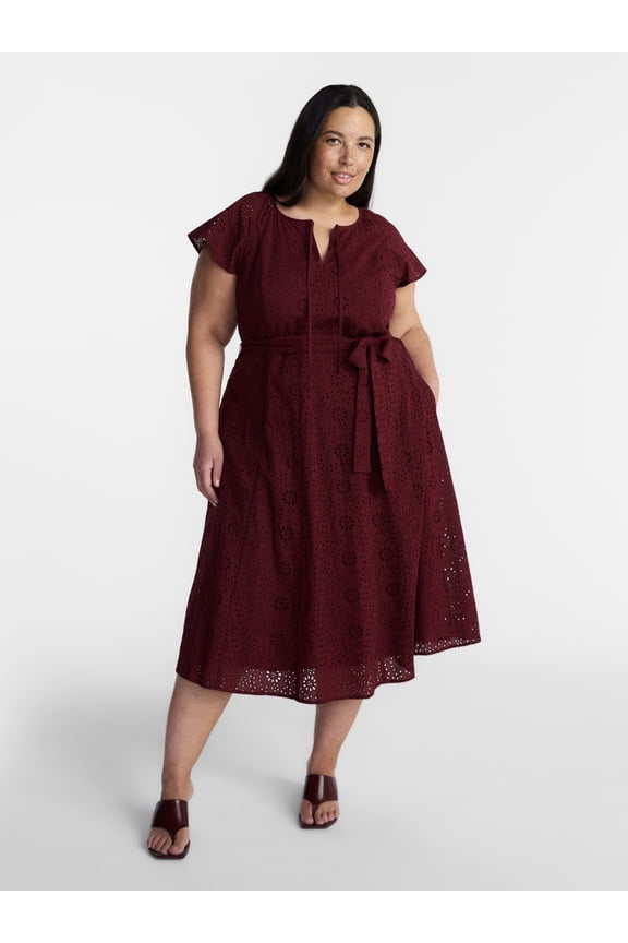 Women’s Plus Cotton Eyelet Fit and Flare Dress with Short Sleeves, Sizes 0X-5X