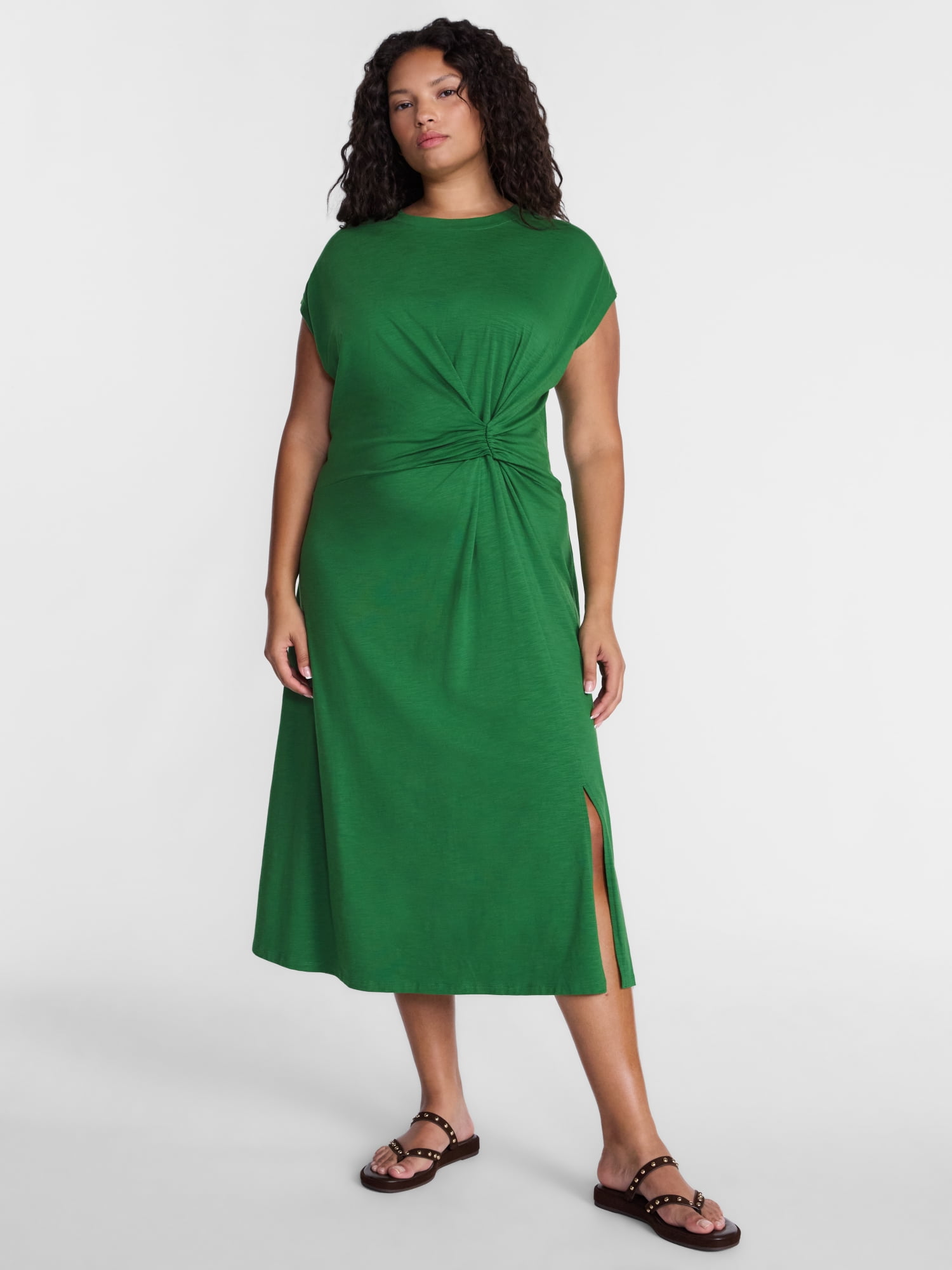 Terra & Sky Women's Plus Ruched Front Maxi Dress with Short Sleeves, Sizes 0X-5X