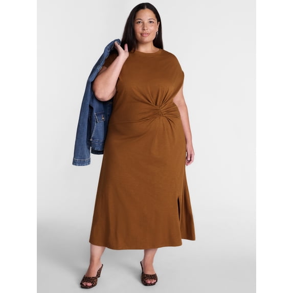 Terra & Sky Women's Plus Ruched Front Maxi Dress with Short Sleeves, Sizes 0X-5X
