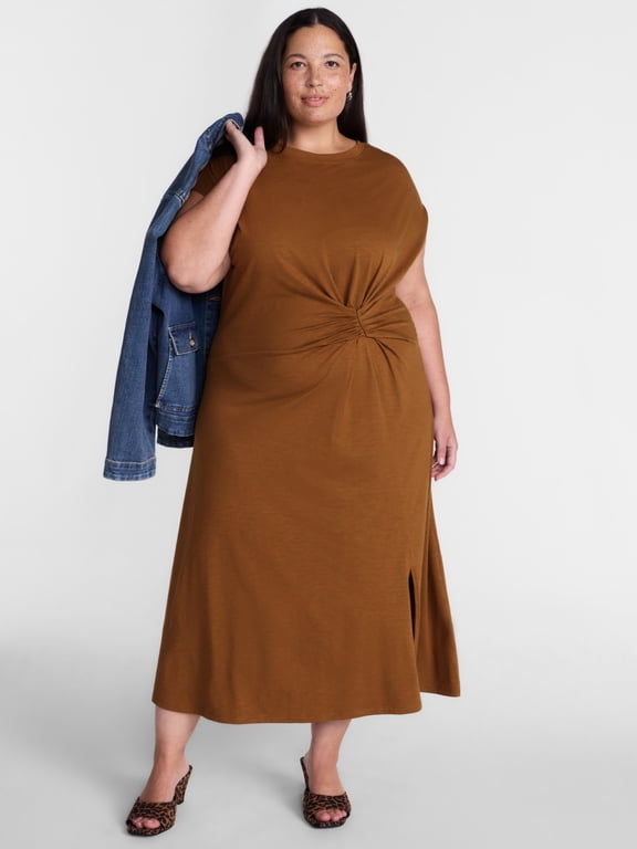Women's Plus Ruched Front Maxi Dress with Short Sleeves, Sizes 0X-5X