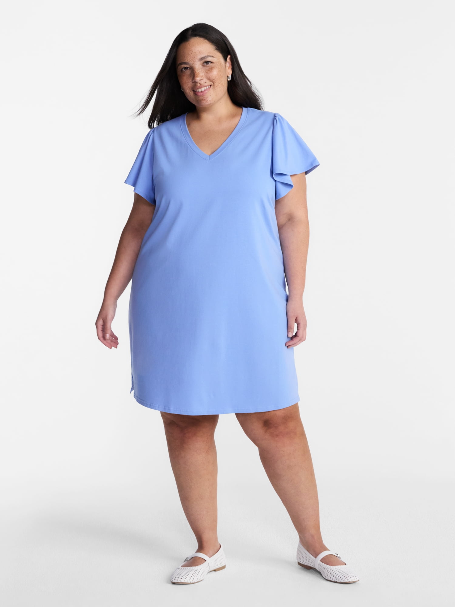 Terra & Sky Women’s Plus V Neck Mini Dress with Short Flutter Sleeves, Sizes 0X-5X