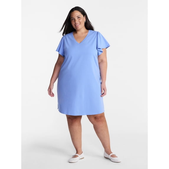 Terra & Sky Women’s Plus V Neck Mini Dress with Short Flutter Sleeves, Sizes 0X-5X