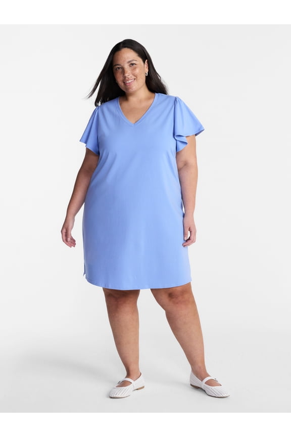 Women’s Plus V Neck Mini Dress with Short Flutter Sleeves, Sizes 0X-5X