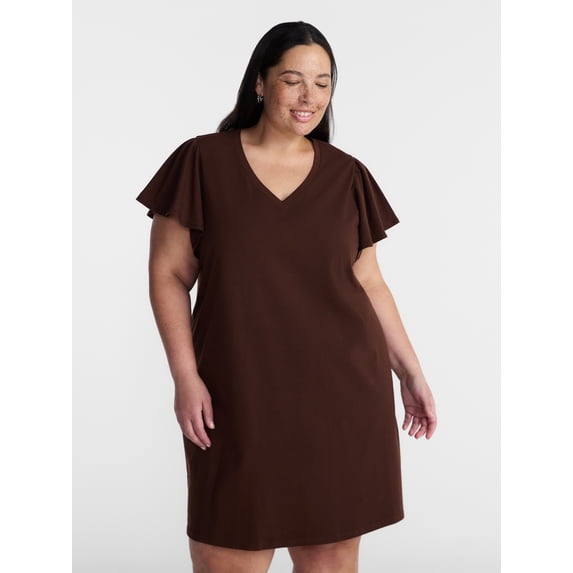 Terra & Sky Women’s Plus V Neck Mini Dress with Short Flutter Sleeves, Sizes 0X-5X