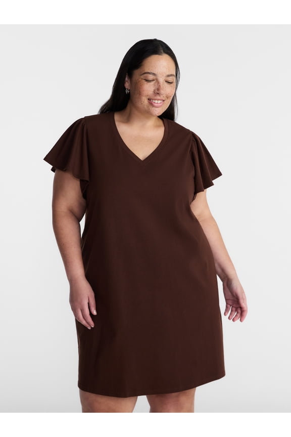 Women’s Plus V Neck Mini Dress with Short Flutter Sleeves, Sizes 0X-5X