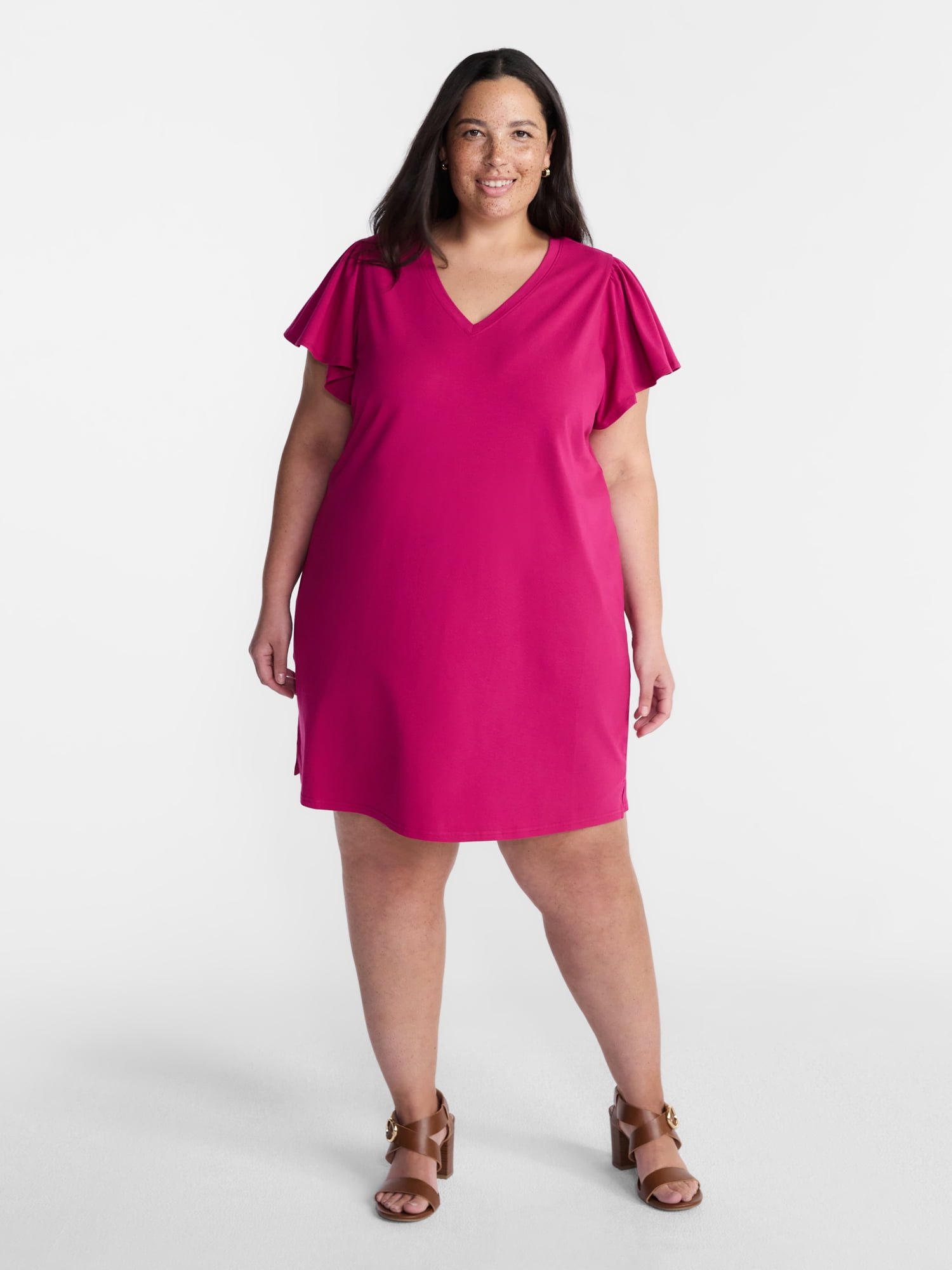 Terra & Sky Women’s Plus V Neck Mini Dress with Short Flutter Sleeves, Sizes 0X-5X