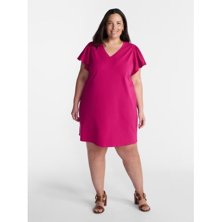 Terra & Sky Women’s Plus V Neck Mini Dress with Short Flutter Sleeves, Sizes 0X-5X