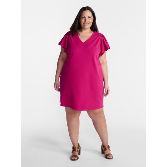 Terra & Sky Women’s Plus V Neck Mini Dress with Short Flutter Sleeves, Sizes 0X-5X