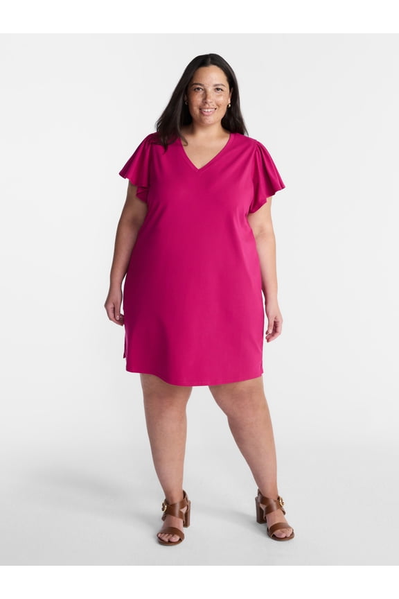 Women’s Plus V Neck Mini Dress with Short Flutter Sleeves, Sizes 0X-5X