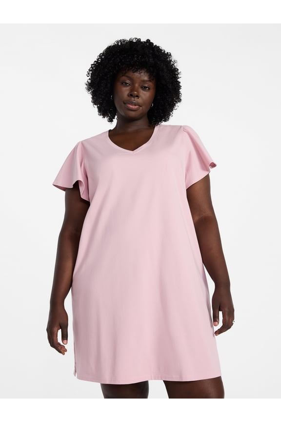 Women's Plus Size V Neck Tee Dress with Flutter Sleeves, Size 0X-5X