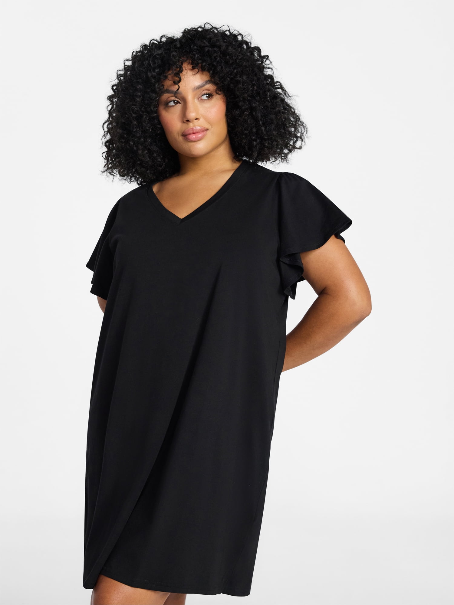 Terra & Sky Women's Plus Size V Neck Tee Dress with Flutter Sleeves, Size 0X-5X