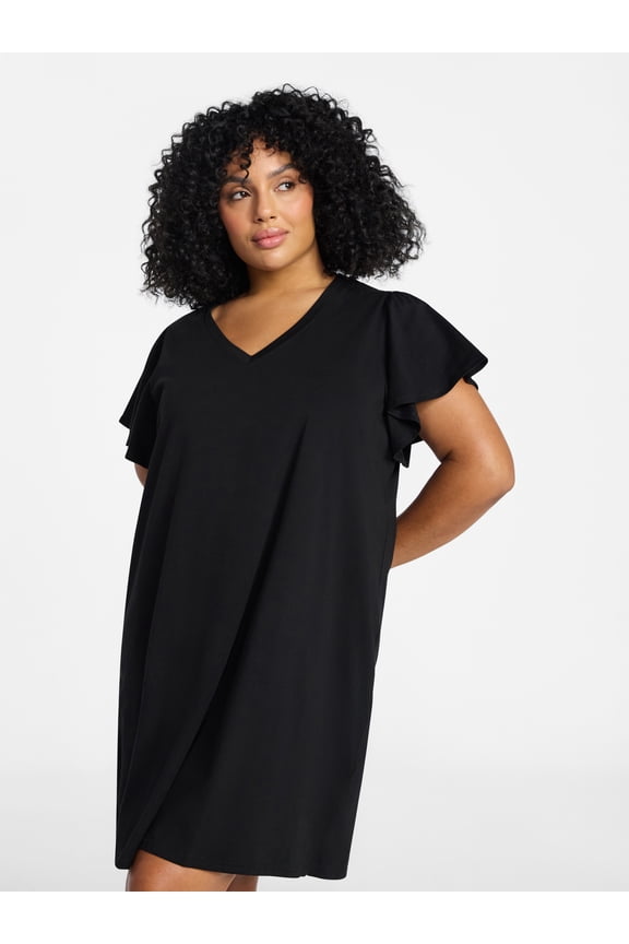 Women's Plus Size V Neck Tee Dress with Flutter Sleeves, Size 0X-5X