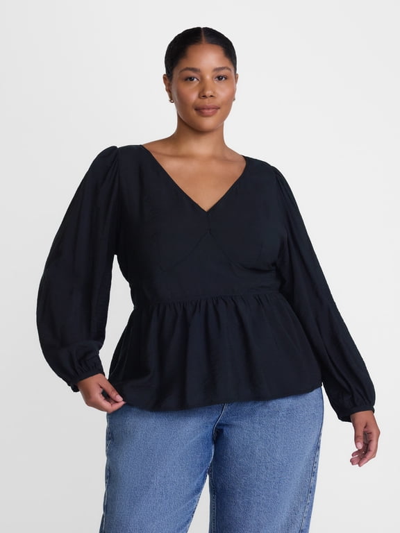 Women’s Plus V Neck Peplum Top with Long Puff Sleeves, Sizes 0X-5X