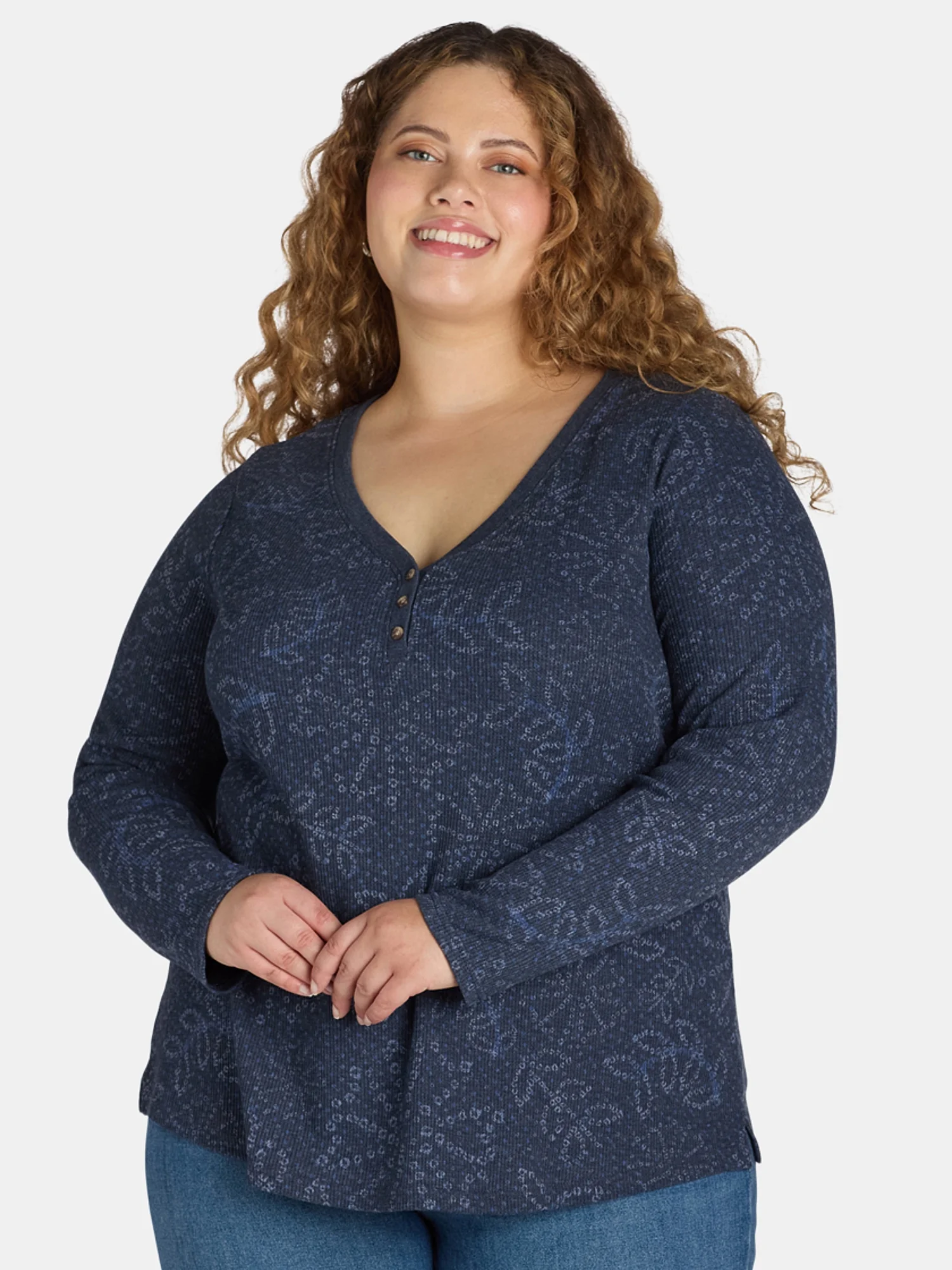 Terra & Sky Women's Plus Waffle Henley Tee, Sizes 0X-4X