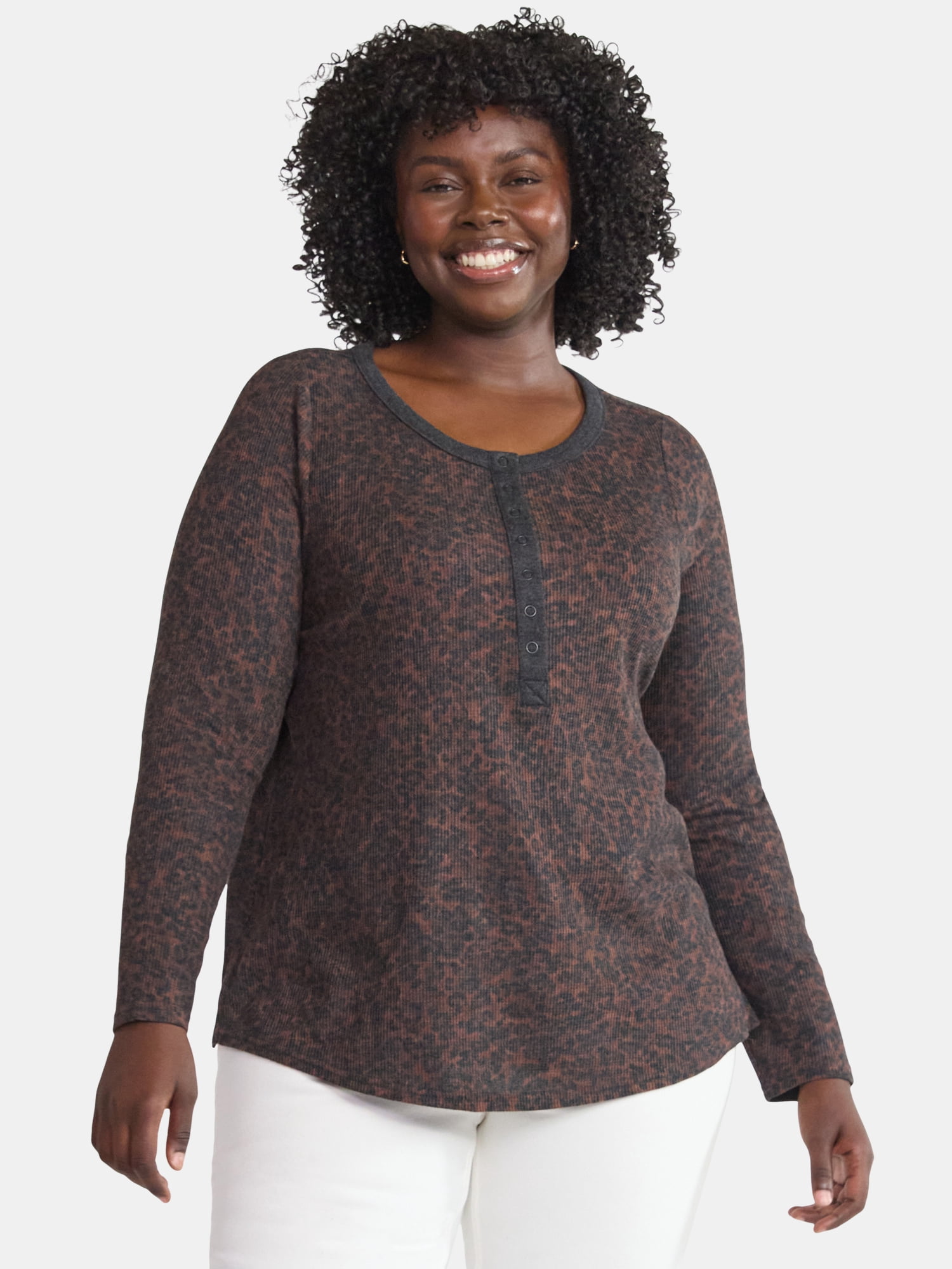 Terra & Sky Women’s Plus Thermal Henley Top with Long Sleeves, Size 0X-4X