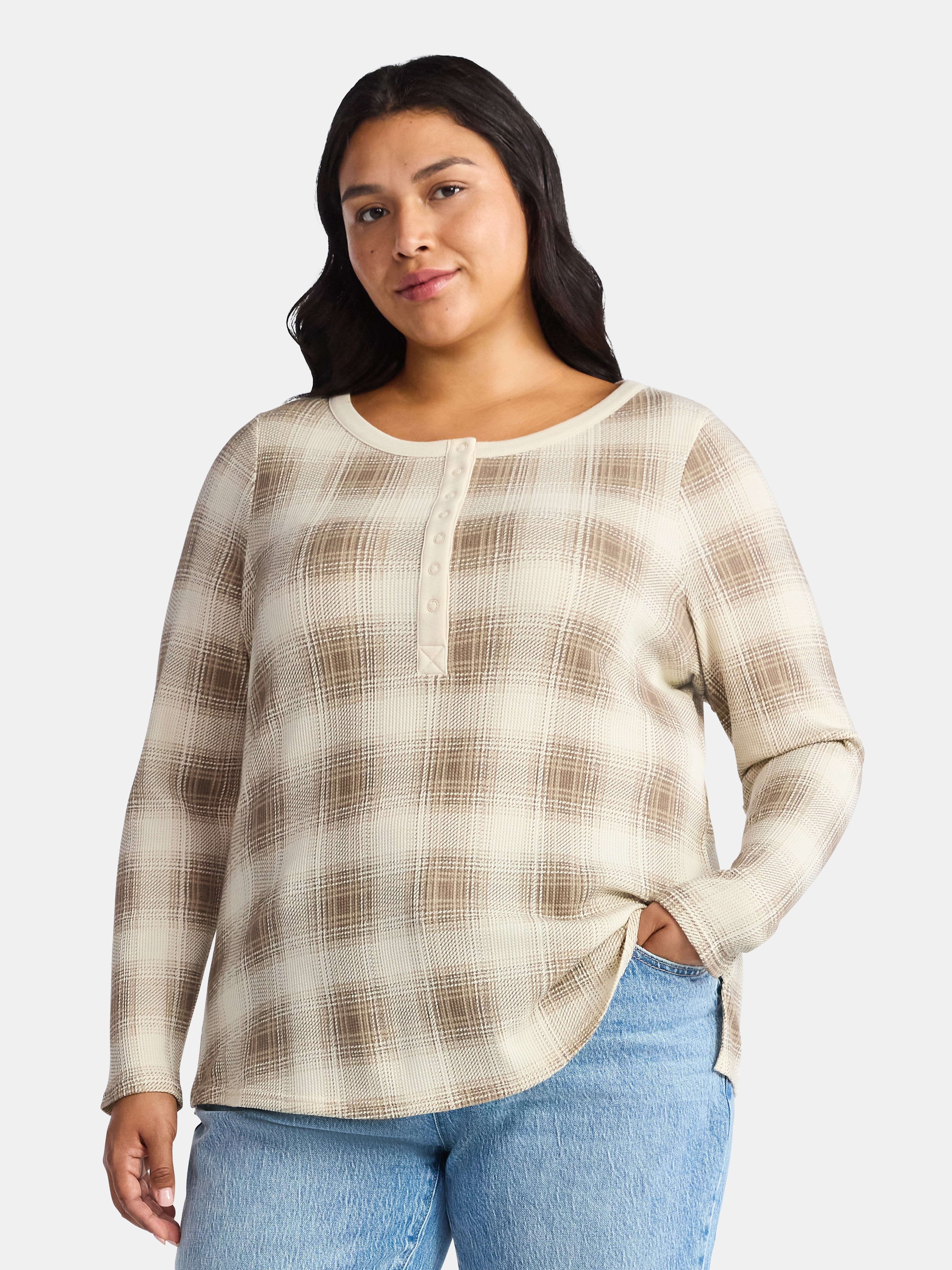 Terra & Sky Women’s Plus Thermal Henley Top with Long Sleeves, Size 0X-4X
