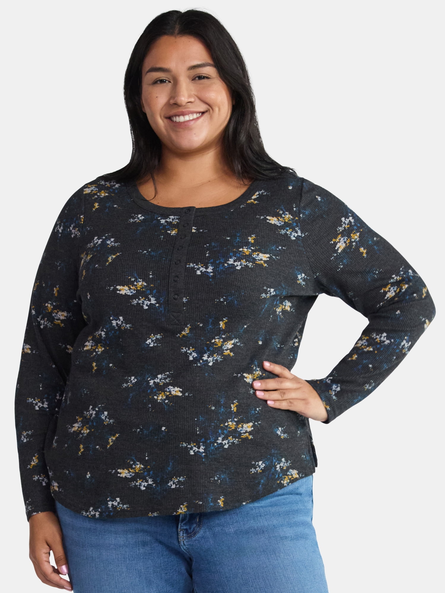 Terra & Sky Women’s Plus Thermal Henley Top with Long Sleeves, Size 0X-4X