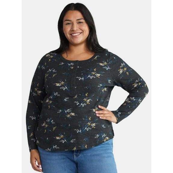 Terra & Sky Women’s Plus Thermal Henley Top with Long Sleeves, Size 0X-4X