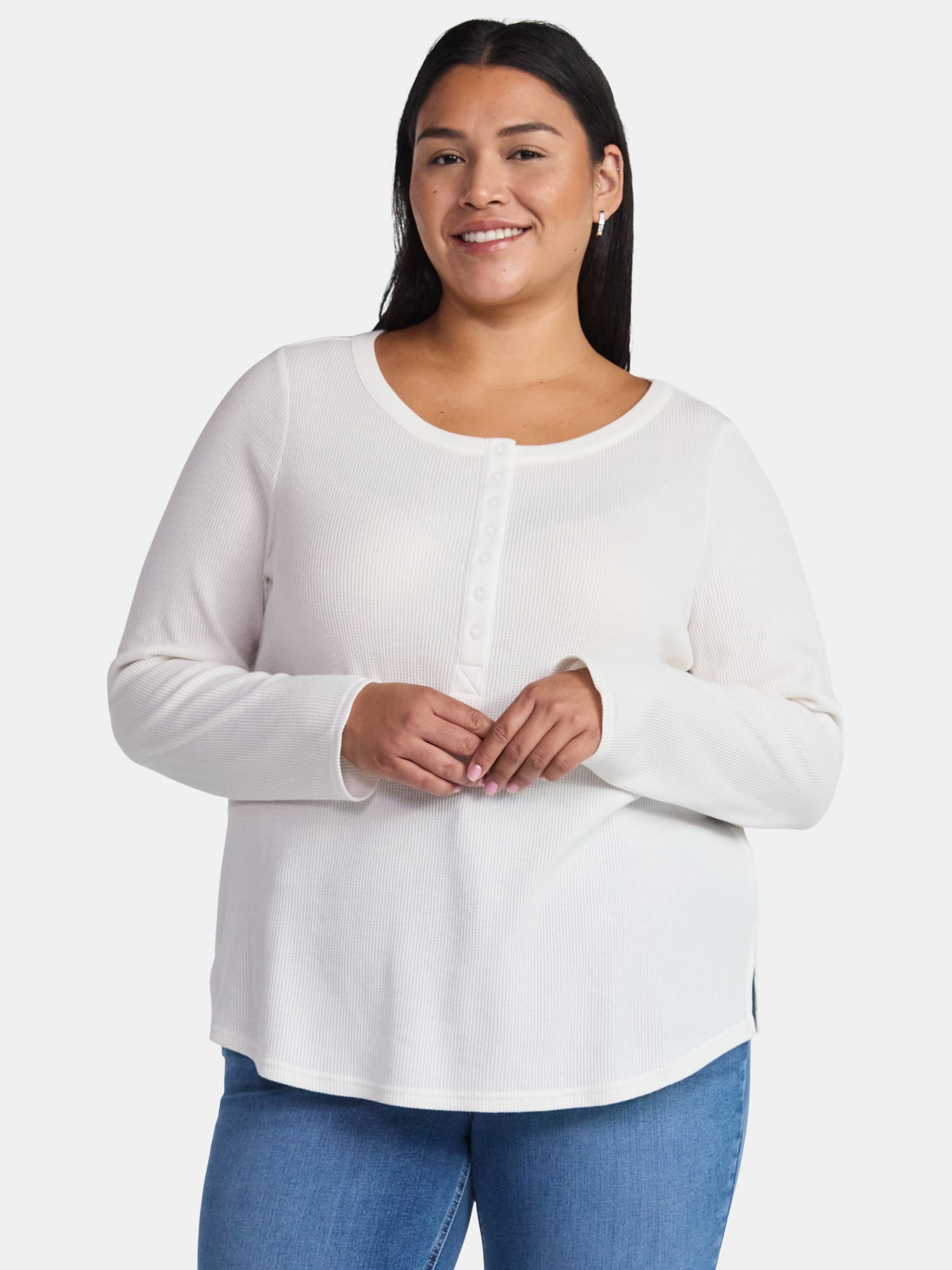 Terra & Sky Women’s Plus Thermal Henley Top with Long Sleeves, Size 0X-5X