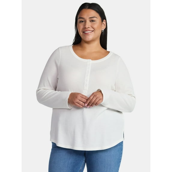 Terra & Sky Women’s Plus Thermal Henley Top with Long Sleeves, Size 0X-5X