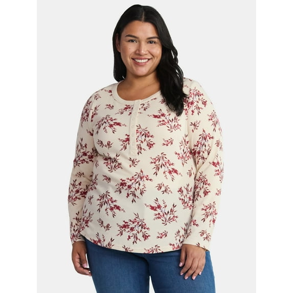 Terra & Sky Women’s Plus Thermal Henley Top with Long Sleeves, Size 0X-4X