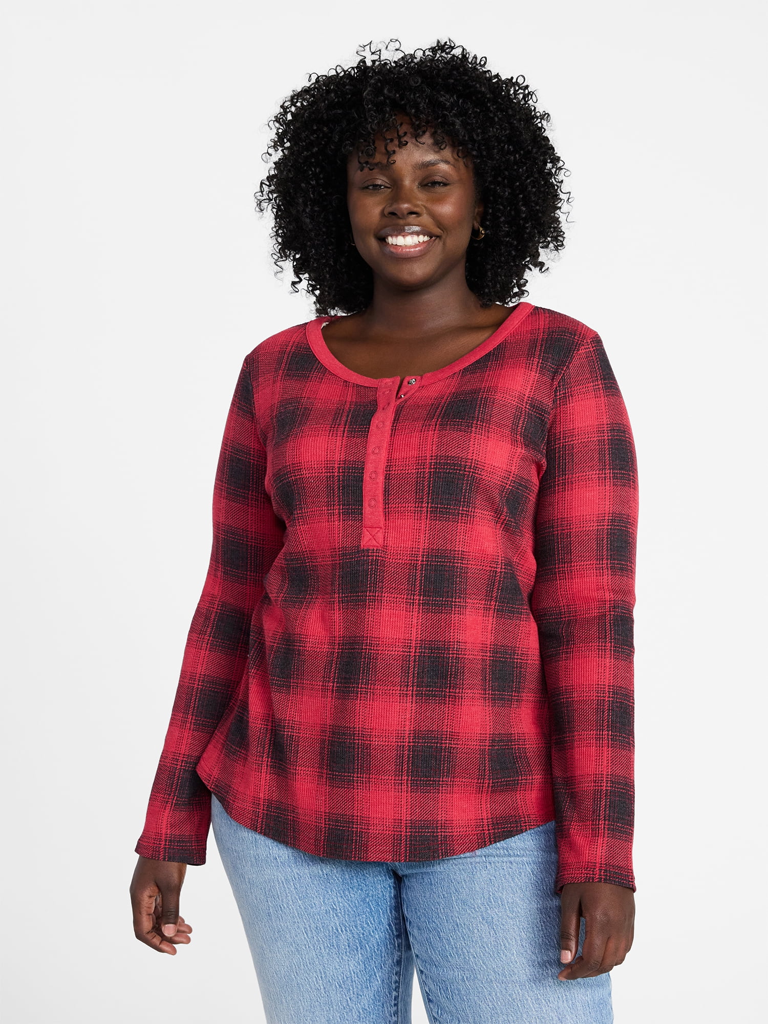 Terra & Sky Women’s Plus Thermal Henley Top with Long Sleeves, Size 0X-4X