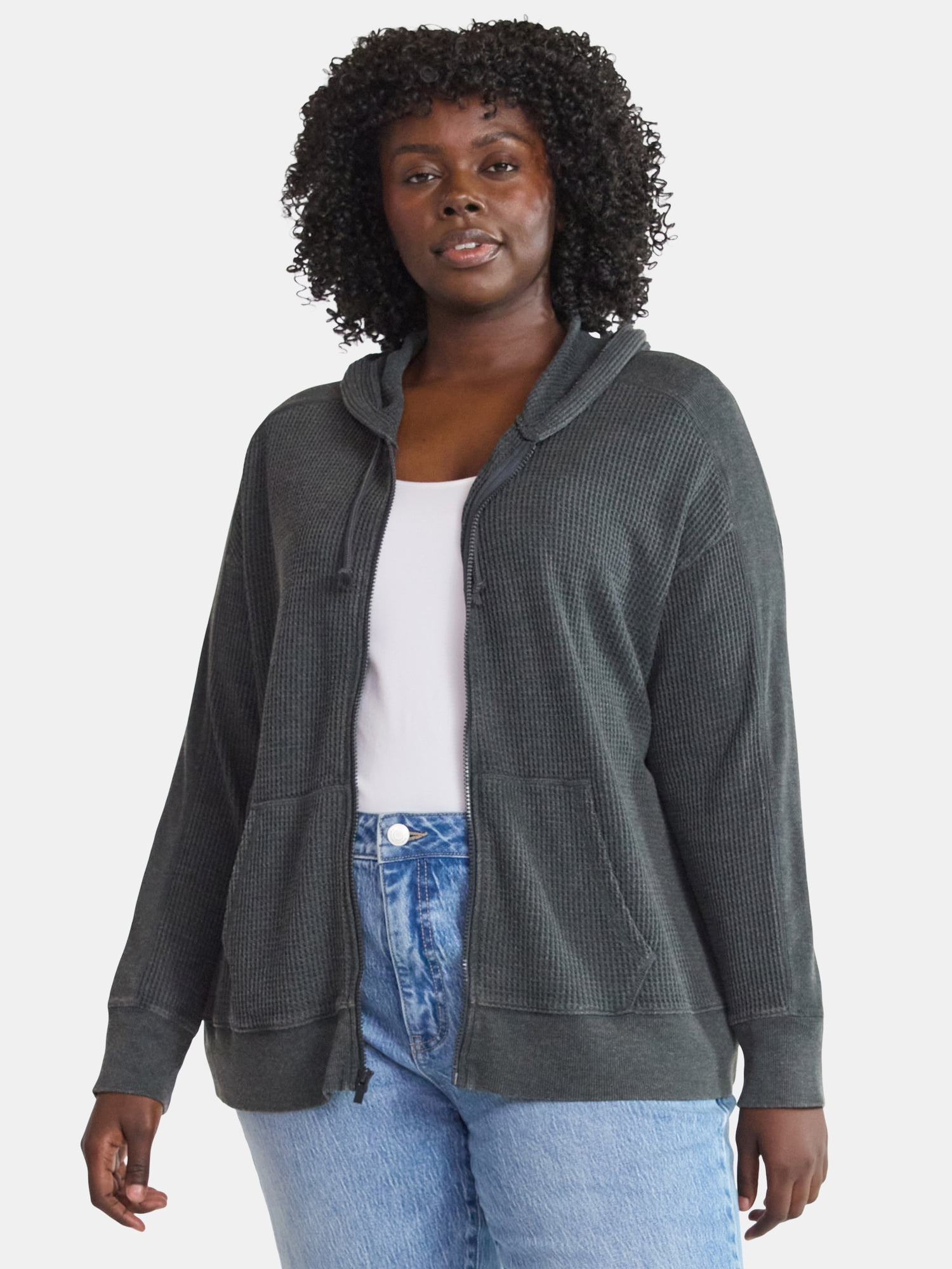 Terra & Sky Women's Plus Waffle Texture Zip Front Hoodie, Sizes 0X-4X