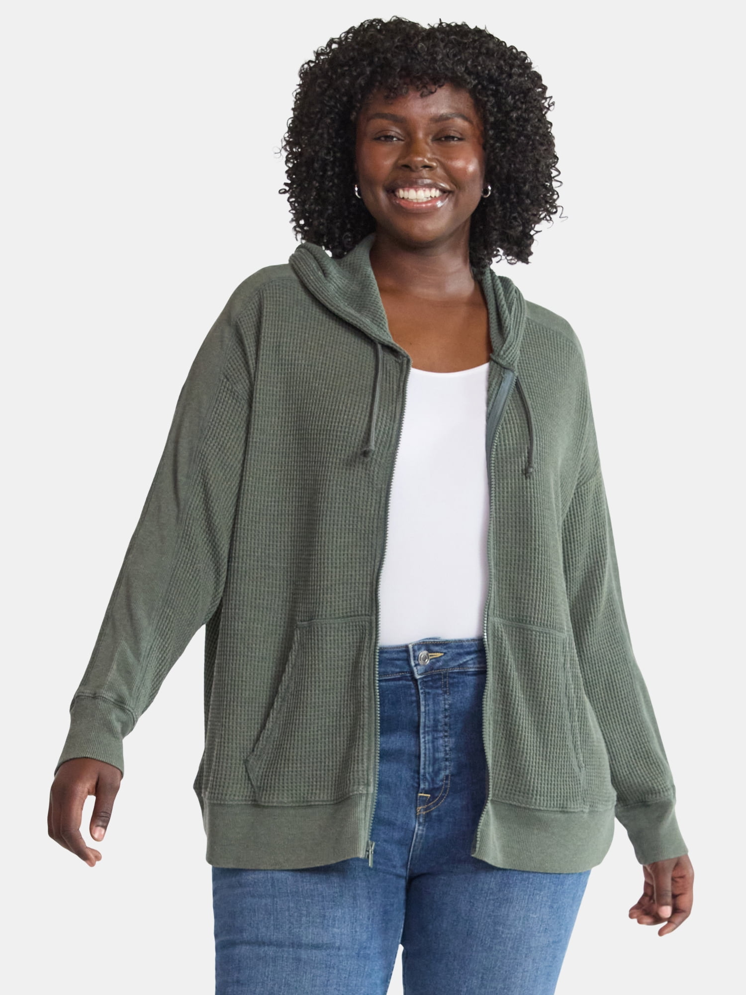 Terra & Sky Women's Plus Waffle Texture Zip Front Hoodie, Sizes 0X-4X