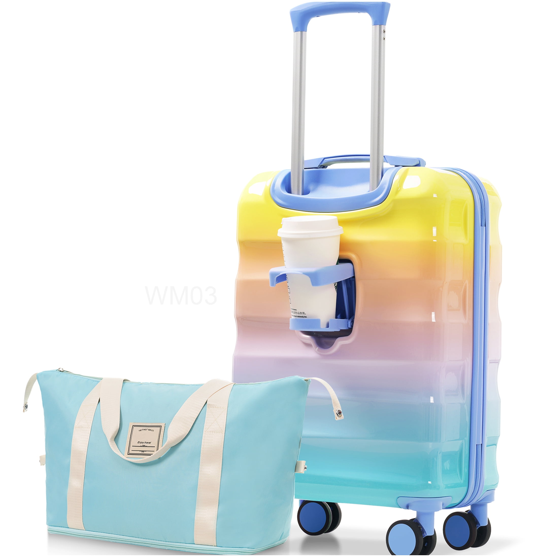 TSA Approved Carry On Suitcase with Drink Holder, 20" Lightweight PC+ABS Hardshell Luggage with 360° Spinner Wheels, Blue and Orange
