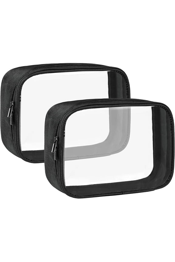 TSA Approved Clear Toiletry Bag, 2 Pack Quart Size 3-1-1 Liquids Pouch for Travel, Transparent Makeup & Cosmetic Organizer for Women Men, Black
