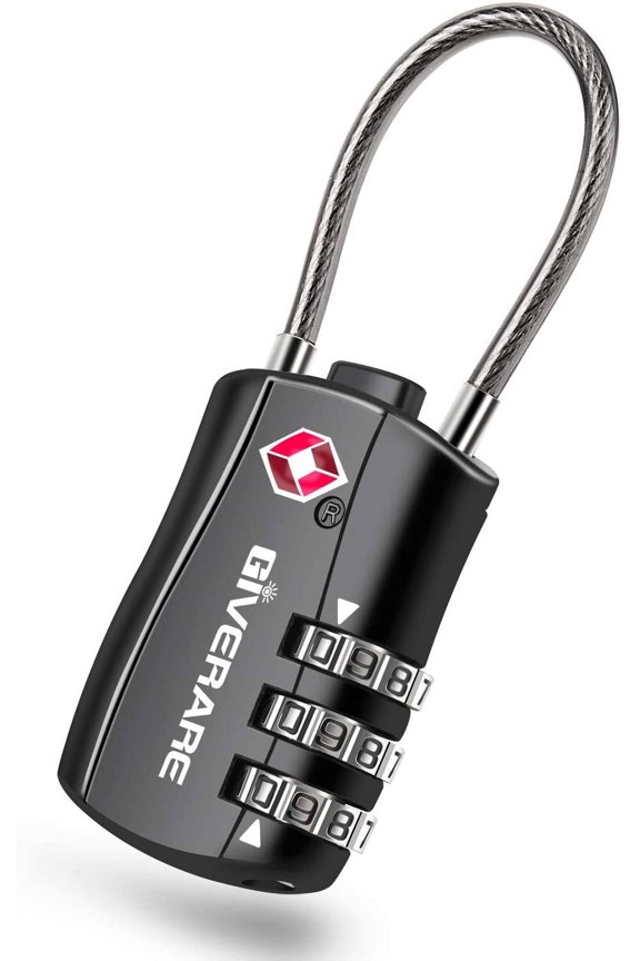 TSA Approved Luggage Locks, Combination Travel Cable Lock, Re-settable 3-Digit Padlocks with Alloy Body, Keyless Travel Sentry Accepted Padlock for Gym Locker, Golf Bag Case, Backpack-Black