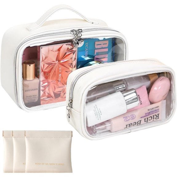 TSA Approved Toiletry Bag, 2 Pack Clear Makeup Bags with Handles, PVC Bags for Women and Men, Carry Airport Airline Compliant Bag,3 Mini Accessories Organizer white