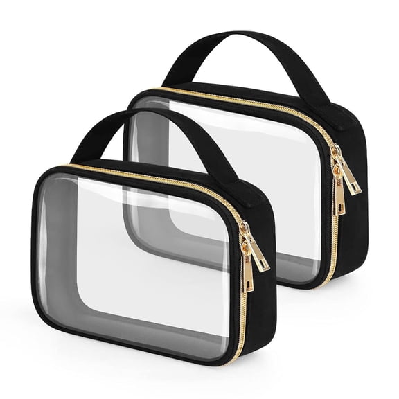 TSA Approved Toiletry Bag, 2 Pack Clear Makeup Bags with Handles, Quart Size Clear Toiletry Bags, PVC Cosmetic Bags for Women and Men, Carry on Airport Airline Compliant Bag, Black