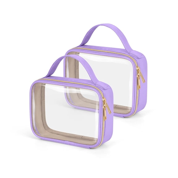 TSA Approved Toiletry Bag, 2 Pack Clear Makeup Bags with Handles, Quart Size PVC Clear Cosmetic Bags for Women and Men, Carry on Airport Airline Compliant Bag, Purple