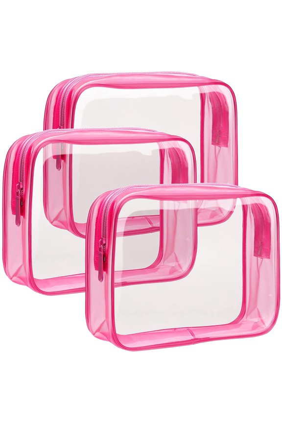 TSA Approved Toiletry Bag 3 Pack Clear Travel Bags for Toiletries Clear Makeup Bags for Women, Clear Toiletry bags Quart Size Clear Cosmetic Bag,Matte Rose Red