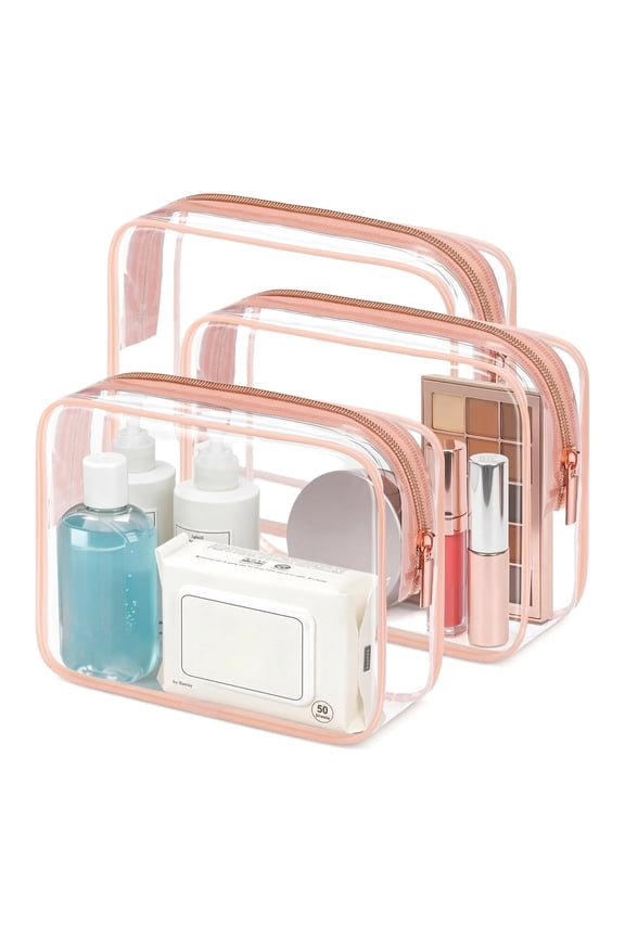 TSA Approved Toiletry Bag, Clear Makeup Bag 3 Pack Medium, Quart Size with Metal Smooth Zipper for 3-1-1 Liquids, Airport Compliant - Rose Pink