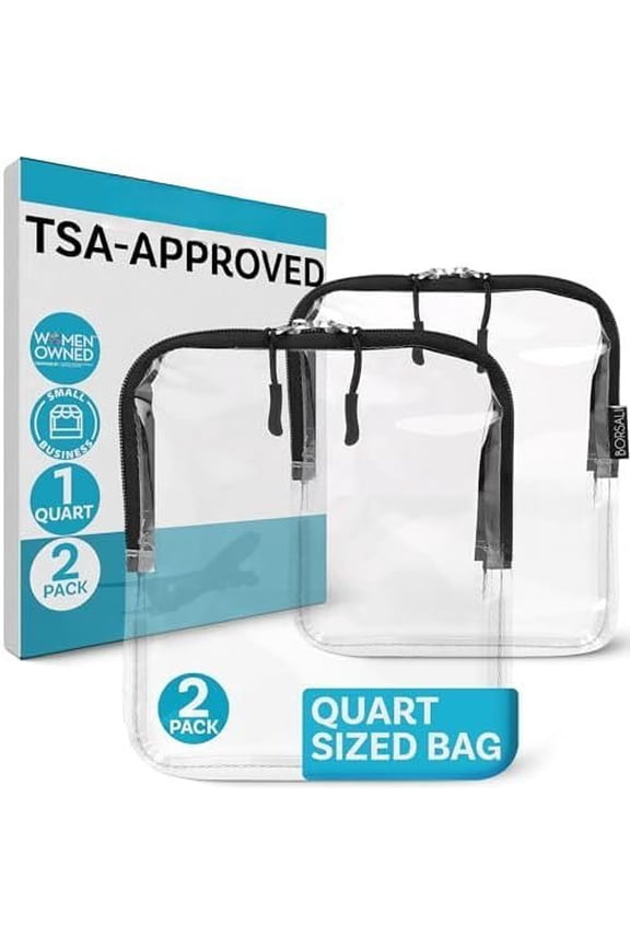 TSA Approved Toiletry Bag - Clear Quart Size for 3-1-1 LIquids for Carry Travel - Toiletries Organizer - Pouch with Zipper - Travel Accessories - 2 Pack