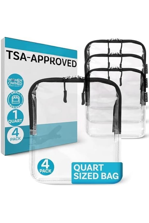 TSA Approved Toiletry Bag - Clear Quart Size for 3-1-1 LIquids for Carry Travel - Toiletries Organizer - Pouch with Zipper - Travel Accessories - 4 Pack