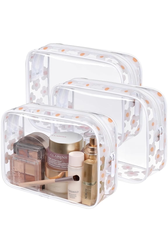 TSA Approved Toiletry Bag - White Flower Print Clear Makeup Bag, Suitable for Gifts, with Supporting Frame, Perfect Valentines Day Gifts for Her, Thick No Smell
