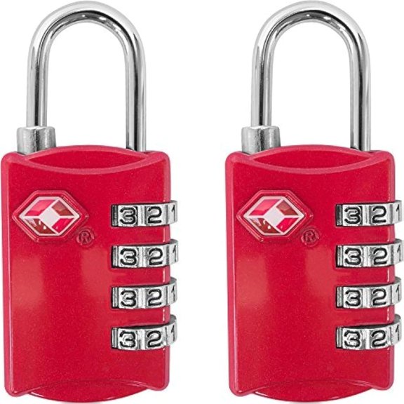 TSA Locks for Luggage, 2-Pc Durable Steel Padlock, Keyless Easy to Read 4-Digit Combination Lock for Backpacks, Travel Suitcases, Toolbox, Filing Cabinets, Baggage & Gym Locker, Red