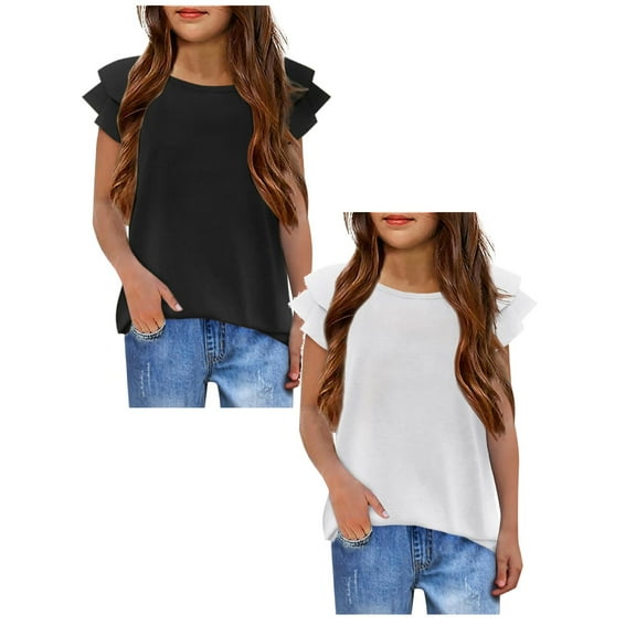 TSADFHJI 2 Pack Fall Clothing Girls Shirts Size 14 16 Short Sleeve Girls' T Shirts Wavy Sleeves Summer Crew Neck Short Sleeve Tops Casual Fashion Plain T Shirt for Girls
