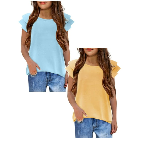 TSADFHJI 2 Pack Girls Tops Size 7 Girls' T Shirts Wavy Sleeves Summer Crew Neck Short Sleeve Tops Casual Fashion Plain T Shirt for Girls