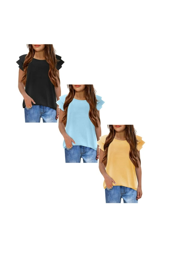 3 Pack Fall Clothing Girls Tees Size 10 Girls' T Shirts Wavy Sleeves Summer Crew Neck Short Sleeve Tops Casual Fashion Plain T Shirt for Girls