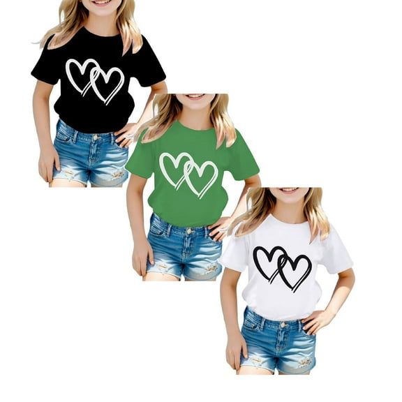 TSADFHJI 3 Pack Girls Shirts Size 6-7 Winter Kid Girls Cute Graphic Round Neck Short Sleeve Tee Summer Casual T Shirt