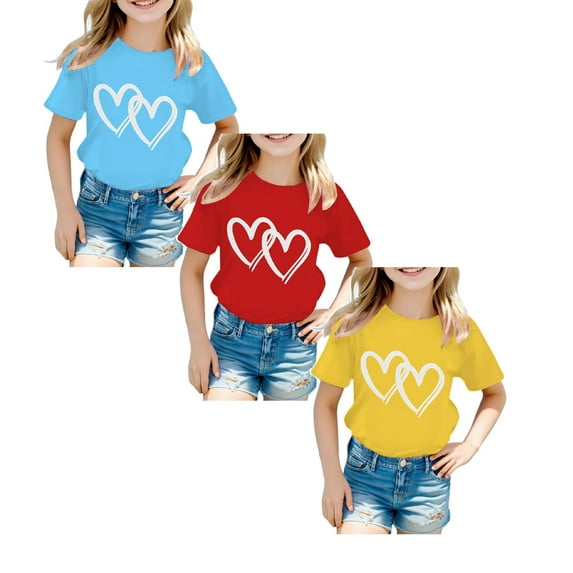 TSADFHJI 3 Pack Girls Tees Loose Fit Winter Kid Girls Cute Graphic Round Neck Short Sleeve Tee Summer Casual T Shirt