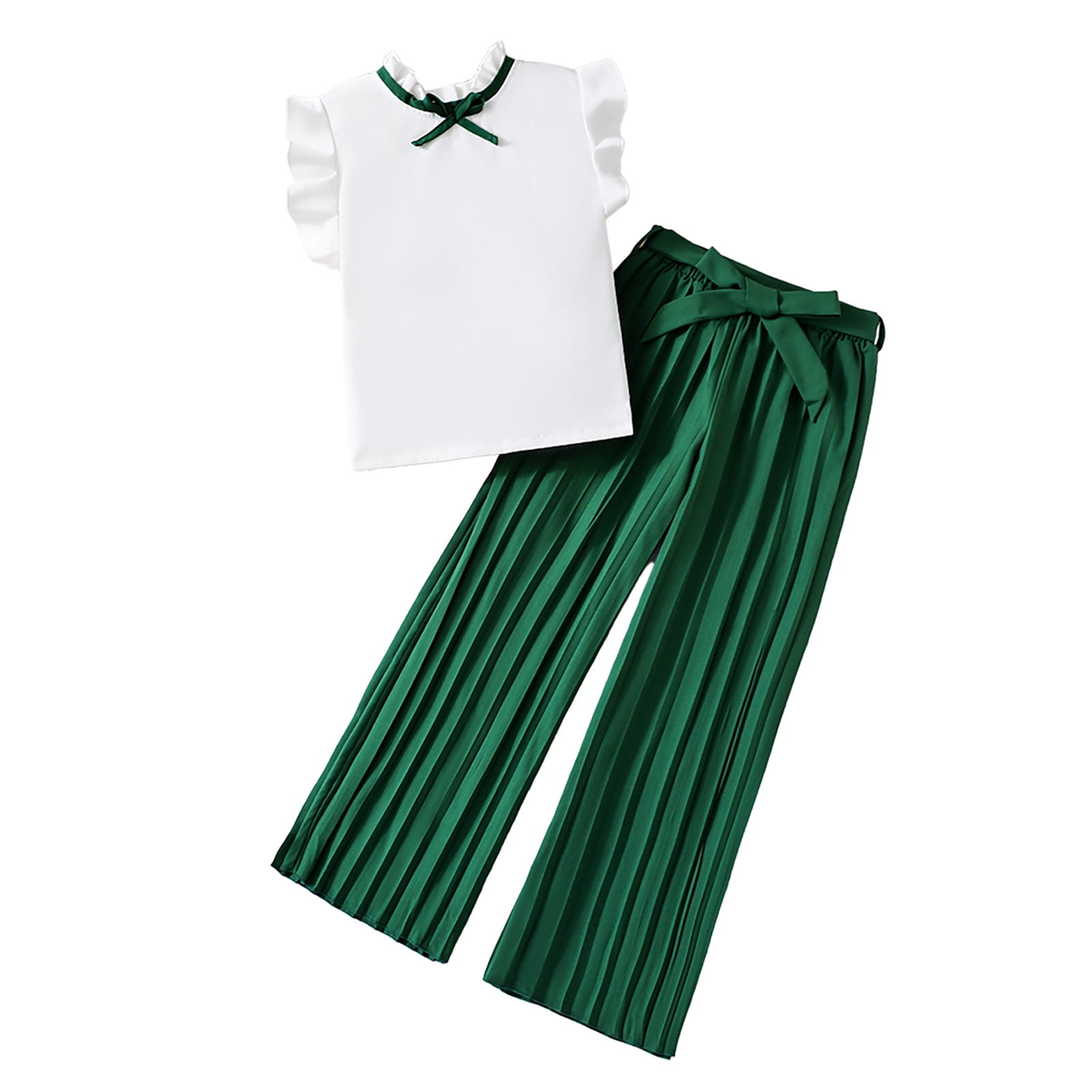 TSADFHJI Cute Girl Clothes 10-12 Girl Clothes Size 7-8 Outfits Sets Back to School 8 Years Old Girls' Flying Sleeve Bow Tie Top Bow Tie Solid Color Wide Leg Pantsuit 9-10 Years