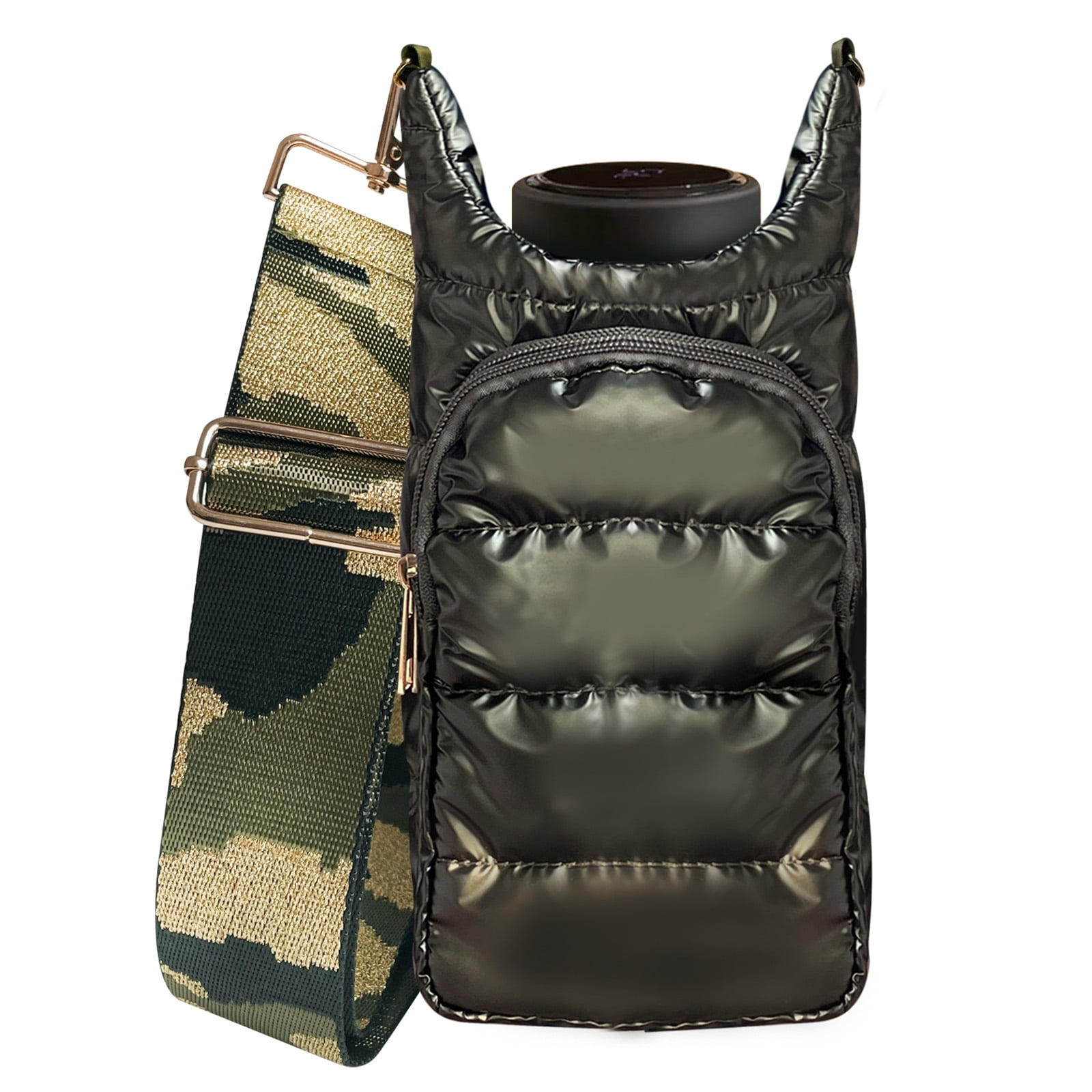 Quilted Puffer Water Bottle Holder With Strap - Crossbody Carrier Bag With Phone Pocket