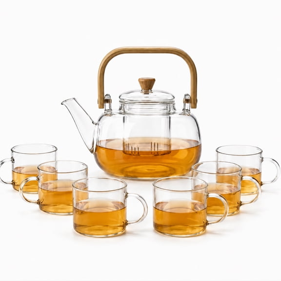 TSBIFV 50.7oz Glass Teapot Set with 6 Cups, Clear Glass Tea Kettle with Removable Glass Infuser, Loose Leaf Tea Brewer Set for Home, Kitchen and Tea Party