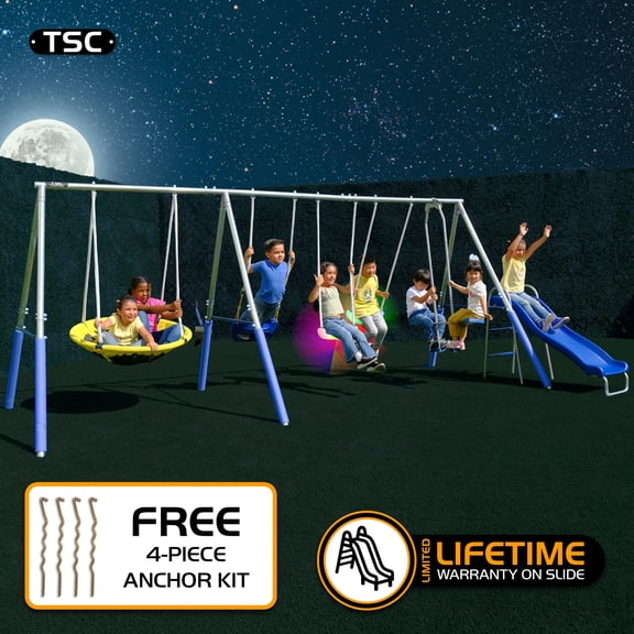 TSC Hermosa Outdoor Galvanized Metal Swing Set for Kids 3-8 with 2 LED Swings, Standing Swing, Glider, 38" Saucer, 5ft Slide & BONUS Anchor Kit | 16.5' x 7.5' x 6.1'
