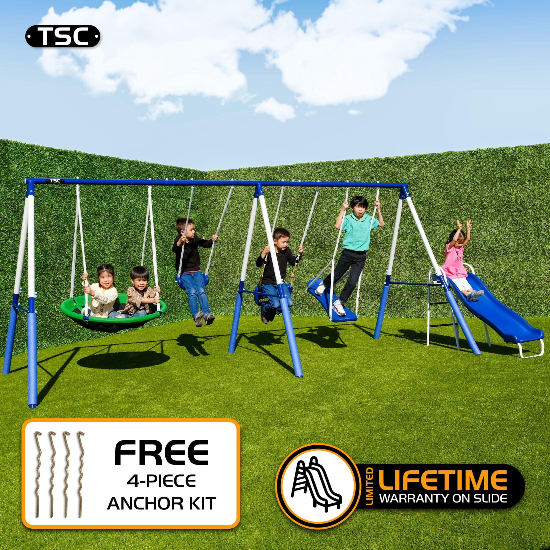 TSC Malibu Metal Swing Set with 5ft Slide for Kids 3-8 with Classic ...